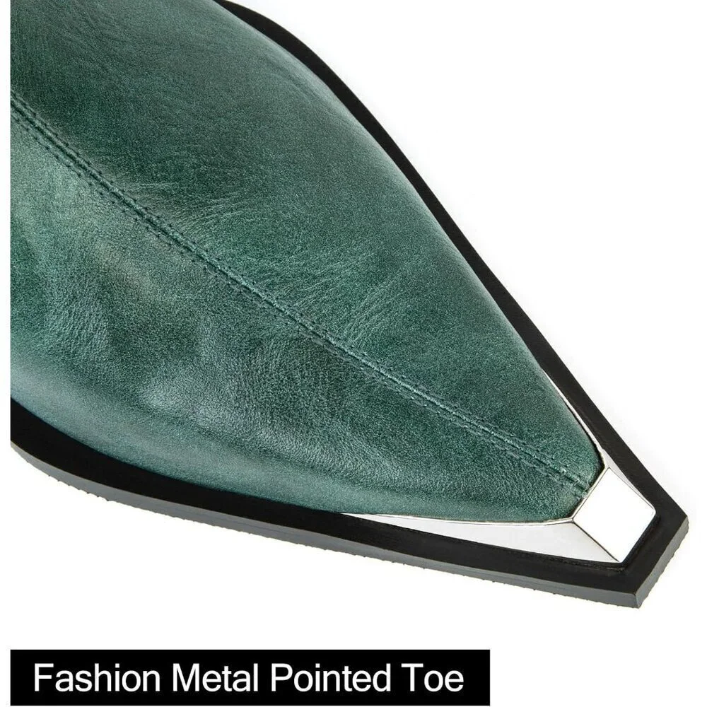 Women's Green Metal Toe Side Zipper Chunky Block Heels Comfortable Short Boots
